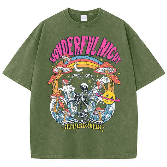 Wonderful Night Skeleton Butterfly Wave Print T-shirts Oversized Tops Street Comfortable Clothing Loose Wash Tee