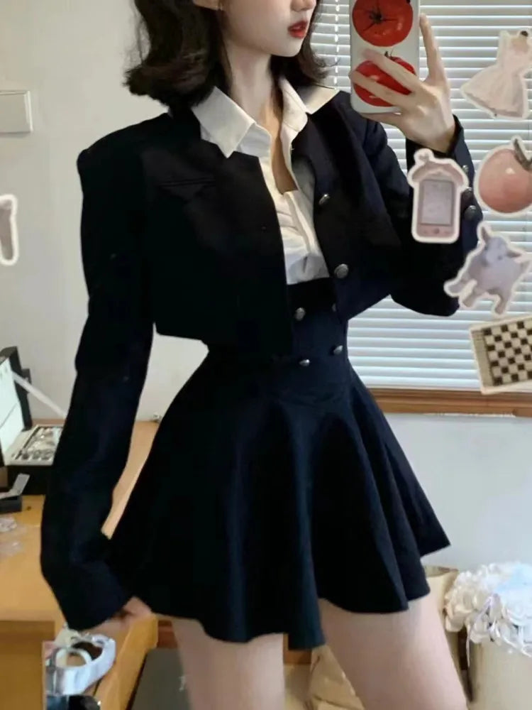 Y2k 3 Piece Set Cropped Coat + Long Sleeve Shirt + High Waist Halter Ruffles Mini Dress Korean Outfits