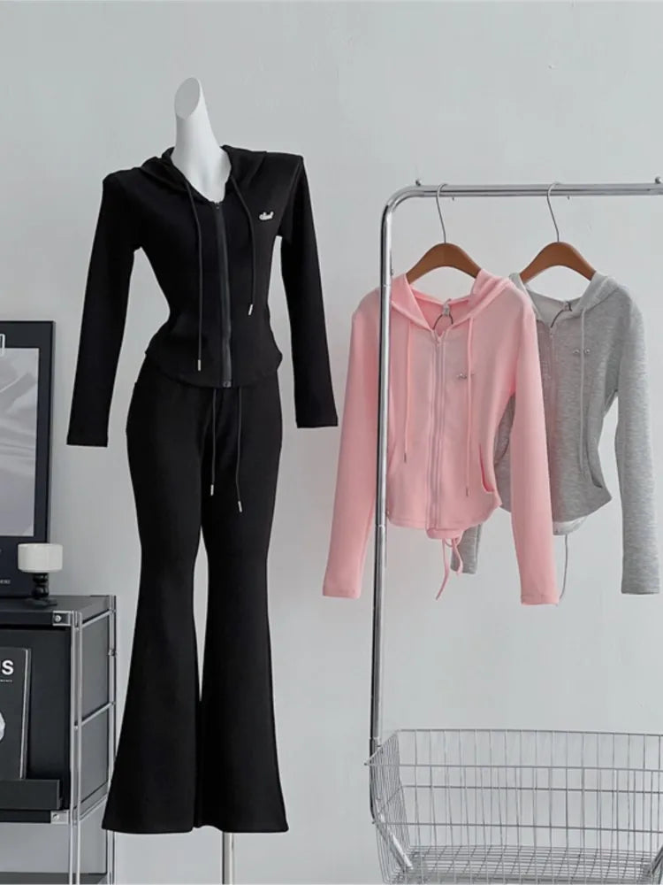 Y2k 2 Piece Set Tracksuit Hooded Zip Up Slim Coat + Drawstring Wide Leg Pants Autumn Korean Outfits