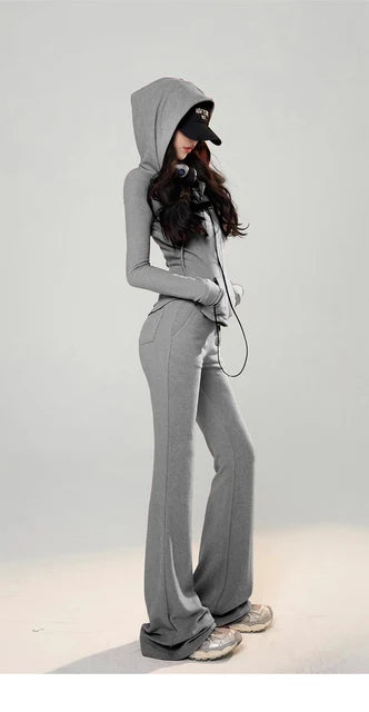Y2k 2 Piece Set Tracksuit Hooded Zip Up Slim Coat + Drawstring Wide Leg Pants Autumn Korean Outfits