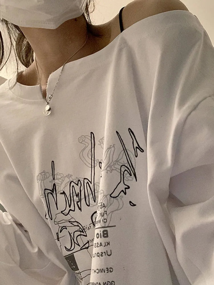 Y2k T-shirt Fairy Grunge Letter Print Tops Black Autumn Off Shoulder Long Sleeved Korean Tees Loose Harajuku Shirt