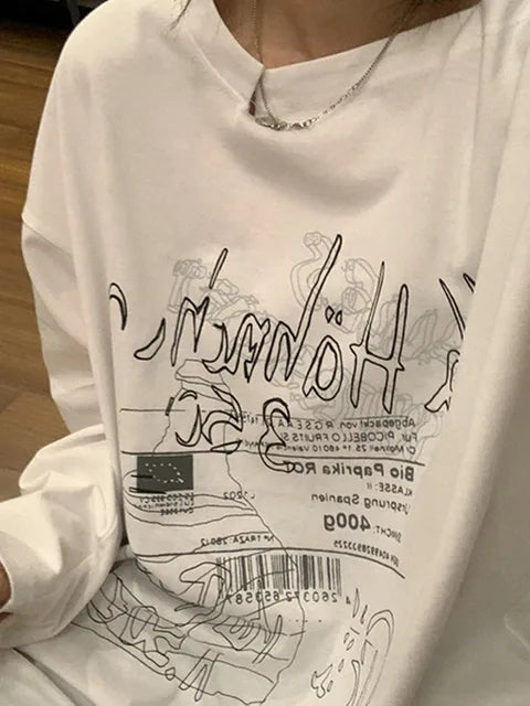 Y2k T-shirt Fairy Grunge Letter Print Tops Black Autumn Off Shoulder Long Sleeved Korean Tees Loose Harajuku Shirt