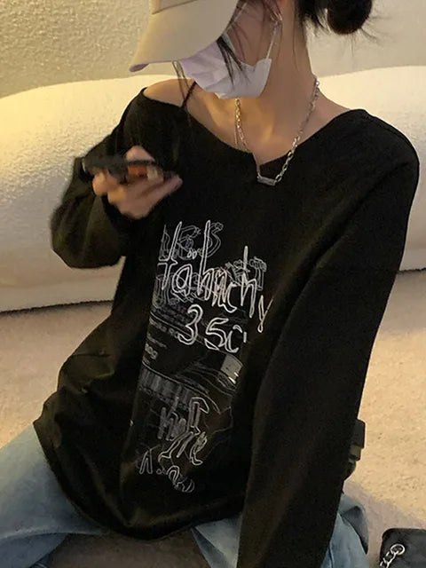 Y2k T-shirt Fairy Grunge Letter Print Tops Black Autumn Off Shoulder Long Sleeved Korean Tees Loose Harajuku Shirt