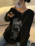 Y2k T-shirt Fairy Grunge Letter Print Tops Black Autumn Off Shoulder Long Sleeved Korean Tees Loose Harajuku Shirt