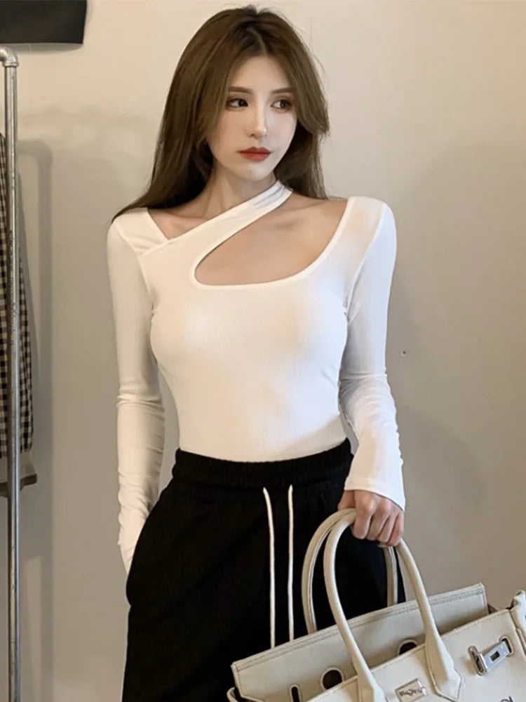 Y2k T-shirt Woman Autumn Skinny Tee Shirt Femme Long Sleeve Halter Clothes Hollow Out Korean Fashon Kpop Tops Tshirt