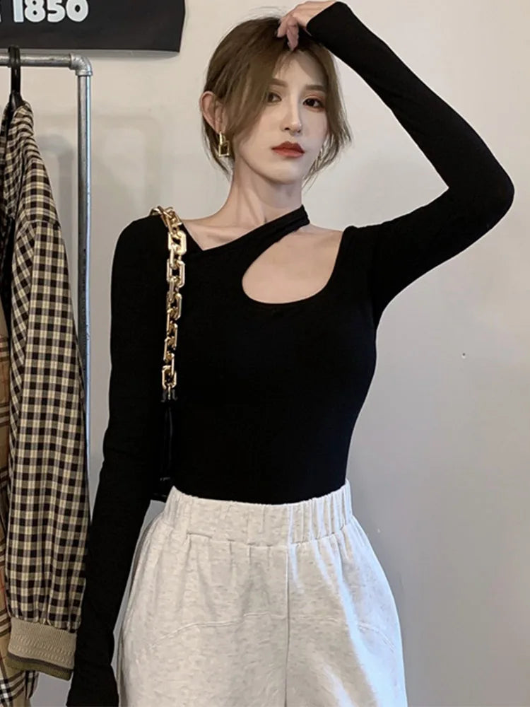 Y2k T-shirt Woman Autumn Skinny Tee Shirt Femme Long Sleeve Halter Clothes Hollow Out Korean Fashon Kpop Tops Tshirt