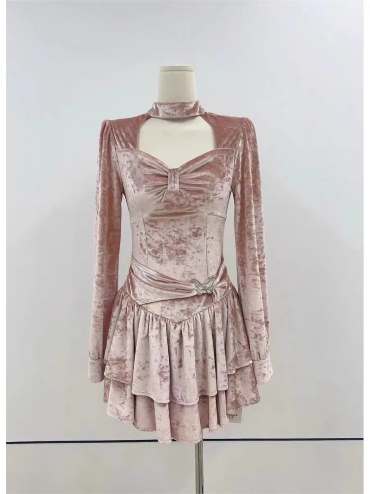 Y2k Velvet Mini Dress Square Collar Bodycon Layered Ruffles A-line Autumn Winter Princess Evening Party Prom Vestido Mujer