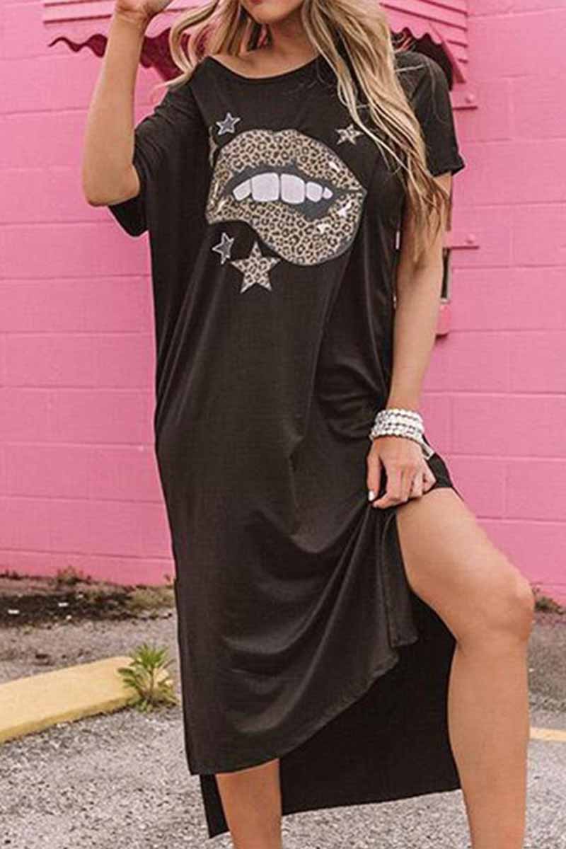 Chicindress Loose O Neck Lips Dress