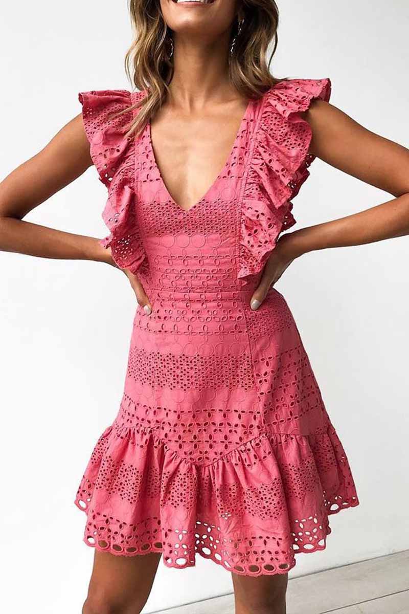Hollow Out Lace Ruffles Mini Dress