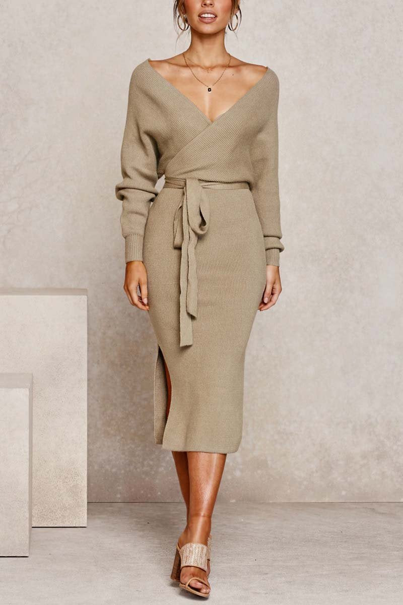 V Neck Backless Sweater Midi Dress(5 Colors)