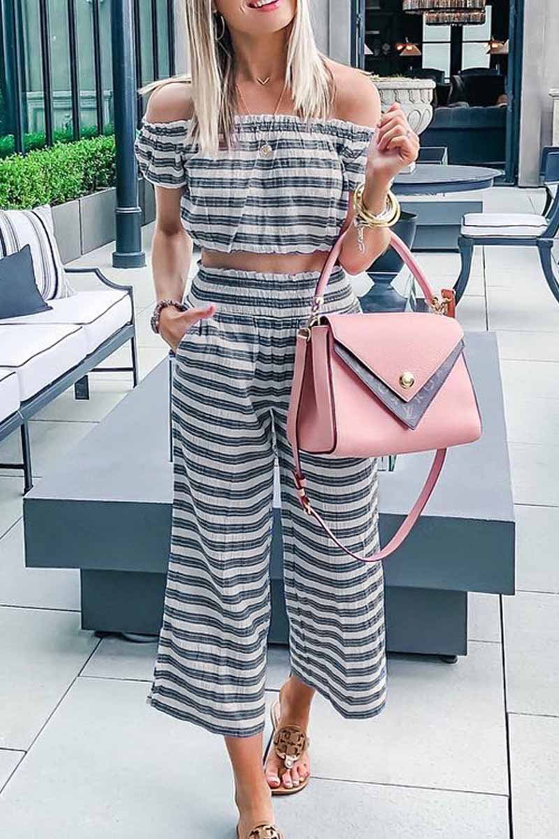 Dew Shoulder Gray Stiped Two-piece Pants Set