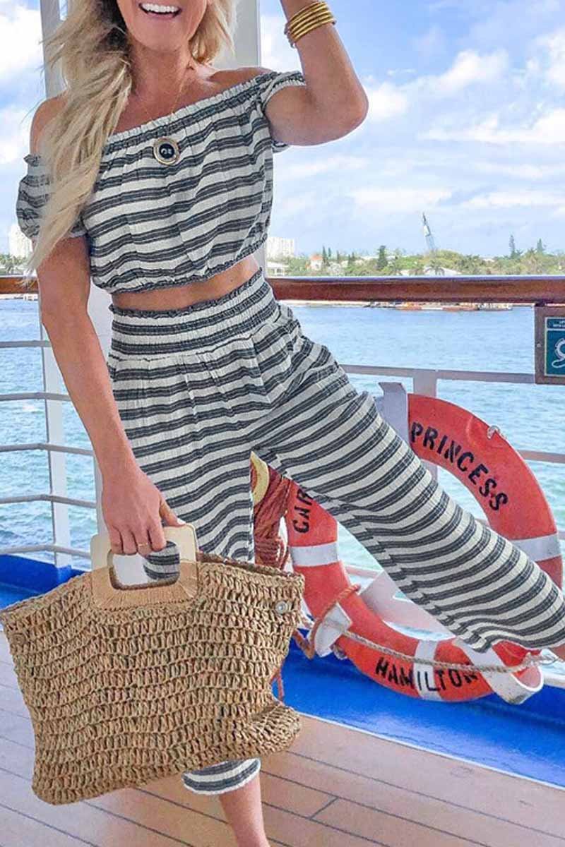 Dew Shoulder Gray Stiped Two-piece Pants Set