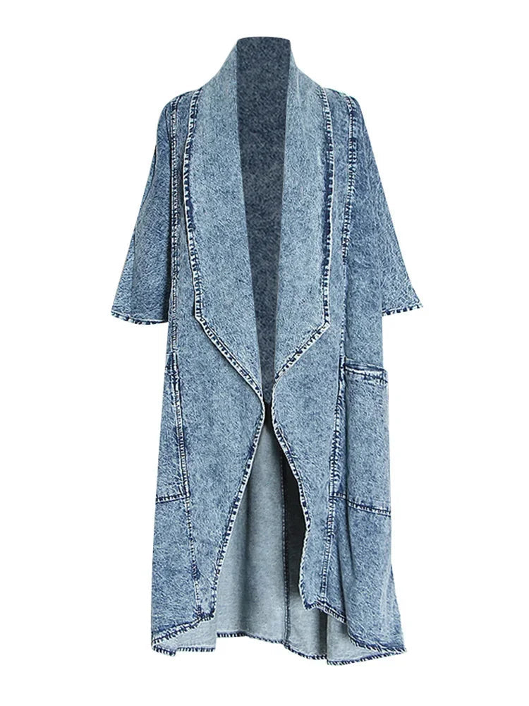 Blue Patchwork Long Minimalist Loose Coat