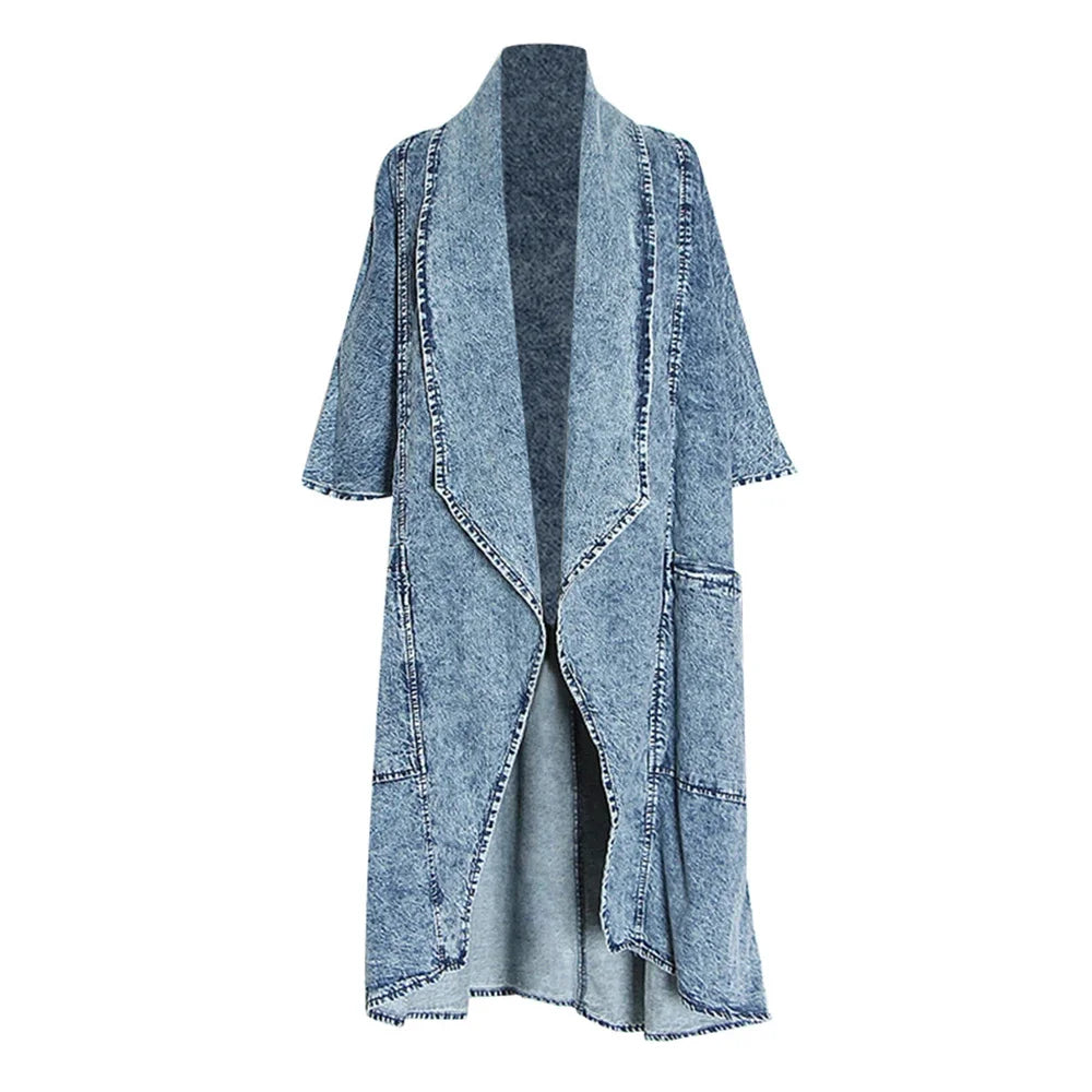 Blue Patchwork Long Minimalist Loose Coat