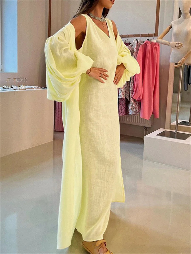 Loose 2 Piece-set Long Dress Cover Up Clothes for V-neck High Waist Beach Holiday Maxi Dress Outfits