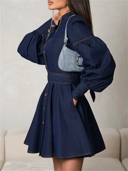 Lace-up Denim Mini Dress for Patchwork High Waist Bandage Jean Female Slim Dress Autumn