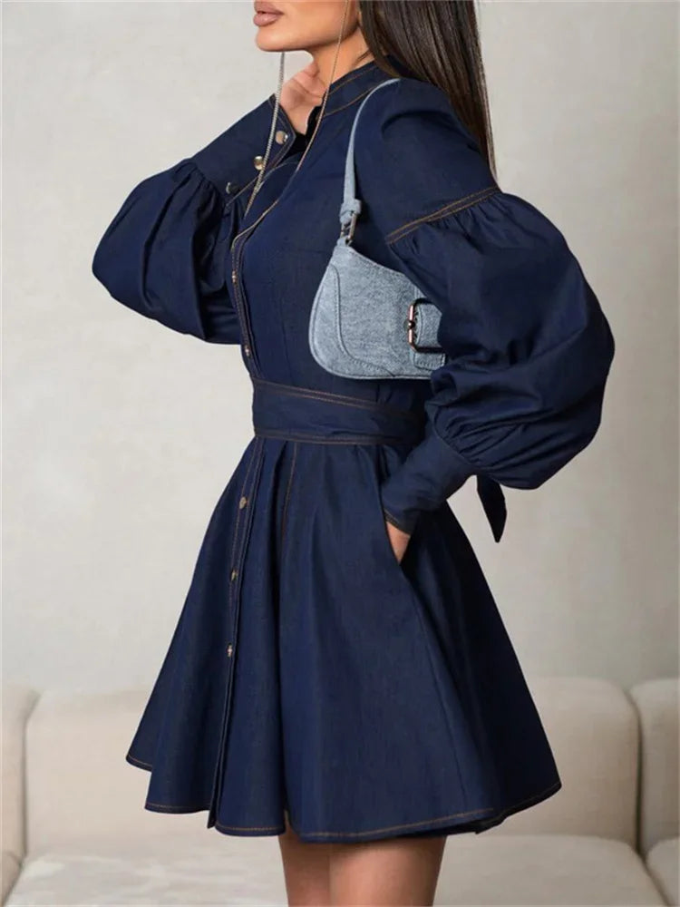Lace-up Denim Mini Dress for Patchwork High Waist Bandage Jean Female Slim Dress Autumn