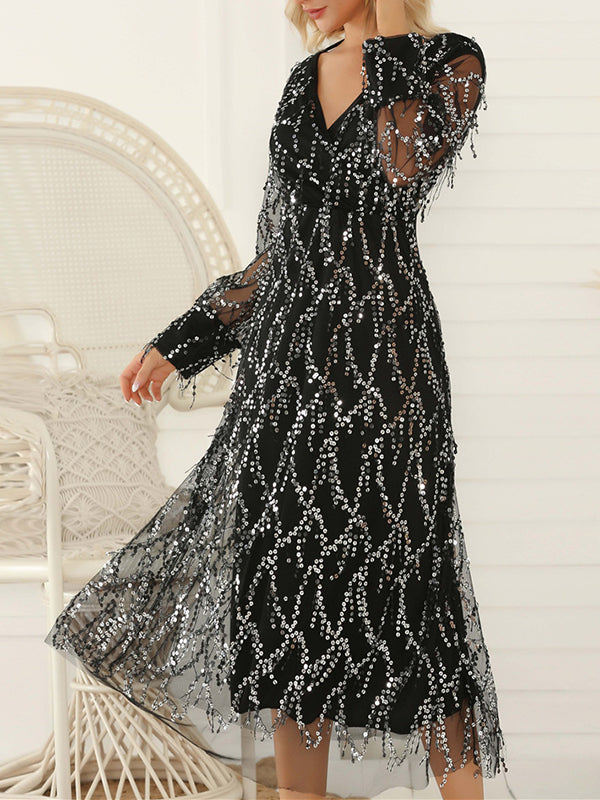 Long Sleeves Loose Gauze Pockets See-through Sequined Split-joint V-neck Evening Dresses Midi Dresses