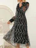 Long Sleeves Loose Gauze Pockets See-through Sequined Split-joint V-neck Evening Dresses Midi Dresses