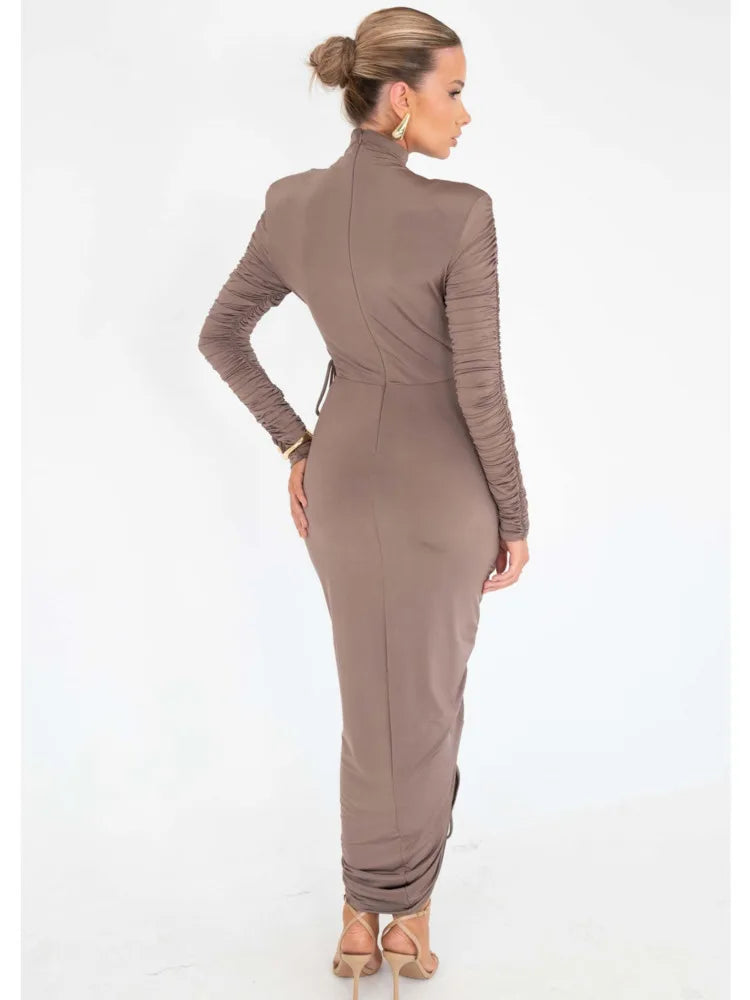 Long Sleeved Elastic Tight Pleated Maxi Dress Slim Party Club Evening Dress Autumn Winter New Vestido