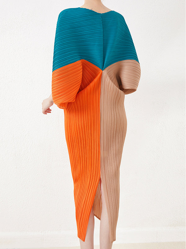 Original Loose Contrast Color Pleated V-neck Midi Dresses