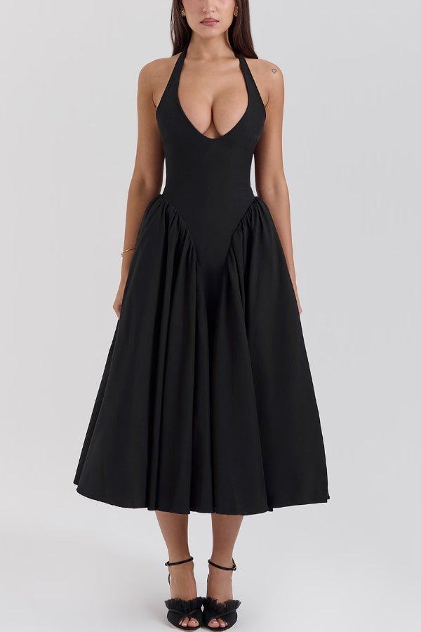Halter Deep V Neck A-line Midi Dresses