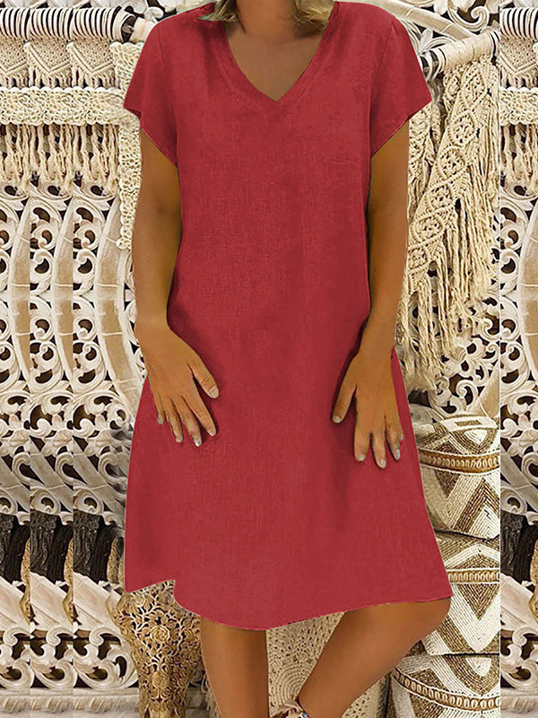 A-line Loose Color V-neck Midi Dresses
