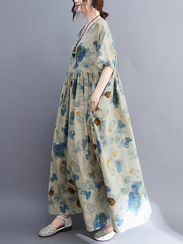 Artistic Retro Loose Printed Pleated Vacation Midi Dress