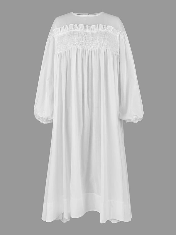 A-line Long Sleeves Mesh Pleated See-through Color Split-joint Round-neck Midi Dresses