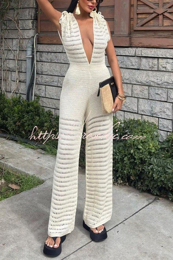 Color Knitted V-neck Holiday Hollow Jumpsuit