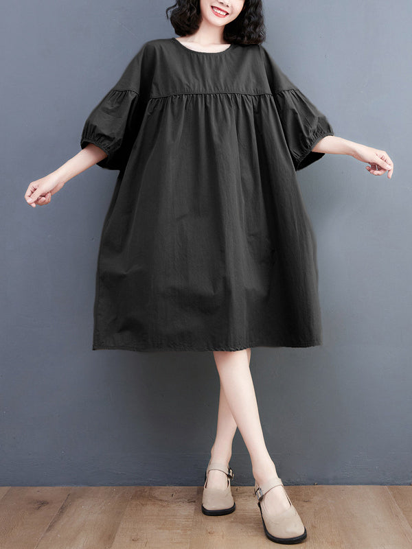 Loose Short Sleeves Color Round-neck Midi Dresses
