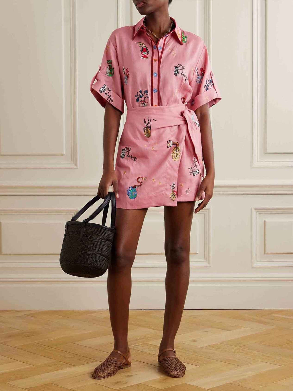 Printed Shirt Collar Cardigan Two-piece Set