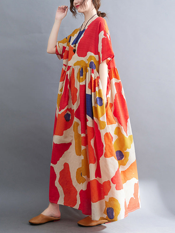 Artistic Retro Short Sleeves Loose Contrast Color Printed Round-neck Midi Dresses