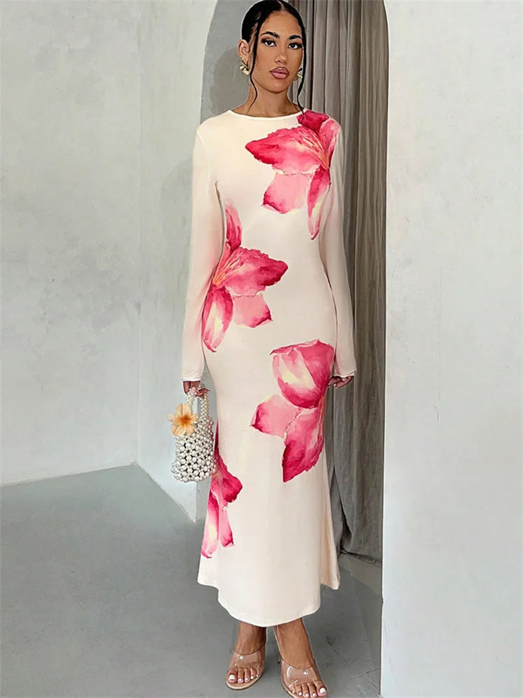 Autumn Printed Slim Maxi Dress ’s Contrast Long Sleeve High Waist See-through Dress Female Long Dress New