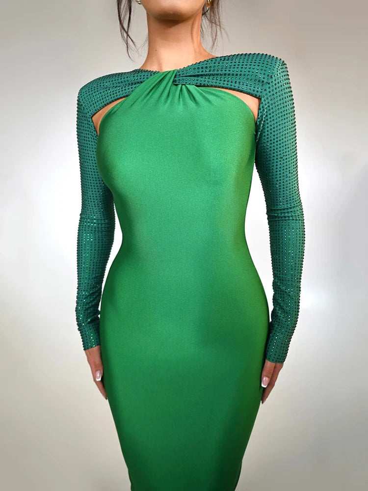 Hollow Out Sparkle Long Sleeve Maxi Dress for Glitter Vestidos Robe New Bodycon Shiny Night Club Party Long Dress