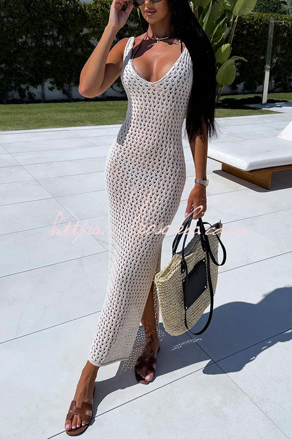 Color V-neck Hollow Beach Knitted Cover-up Midi Dress