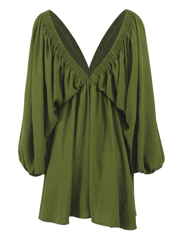 Long Sleeves Loose Elasticity Color V-back Deep V-neck Mini Dresses
