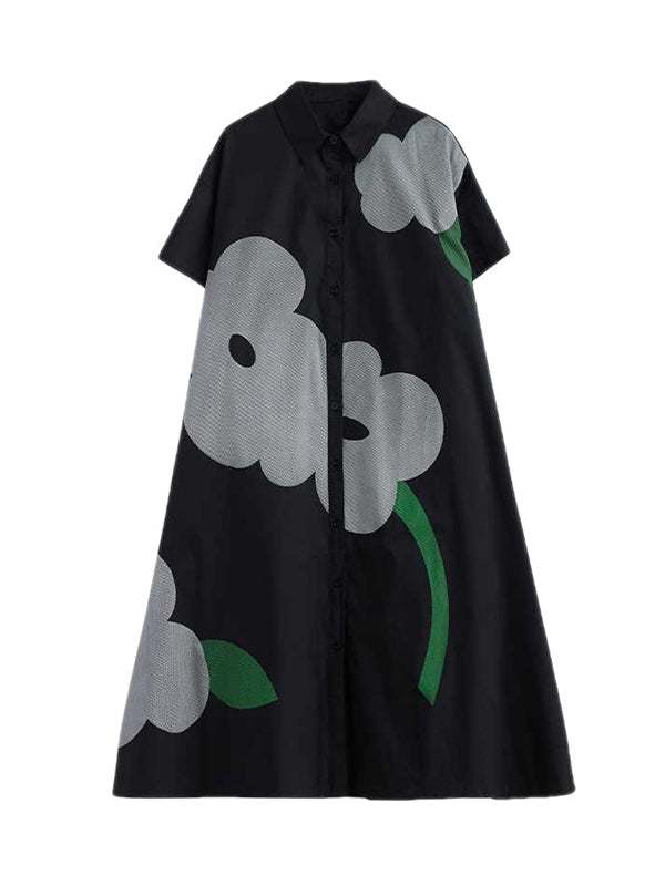 Loose Short Sleeves Buttoned Printed Lapel Collar Midi Dresses