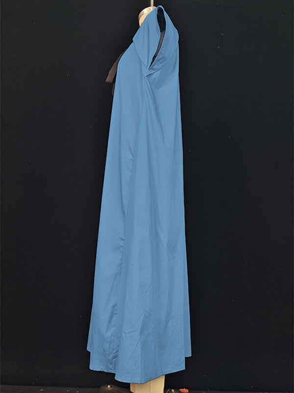 A-line Loose Pleated Tied Round-neck Midi Dresses