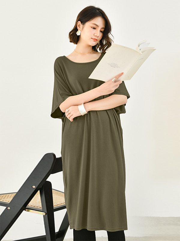 Batwing Half Sleeves Color Round-neck Midi Dresses