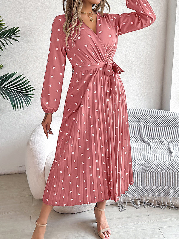 A-line High Waisted Elasticity Pleated Polka-dot Split-joint Tied Waist V-neck Midi Dresses Shirt Dress