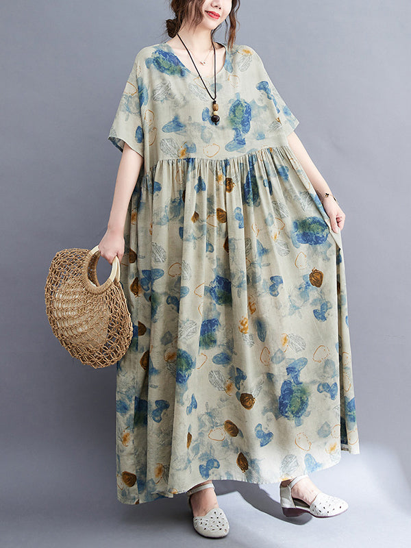 Artistic Retro Loose Printed Pleated Vacation Midi Dress