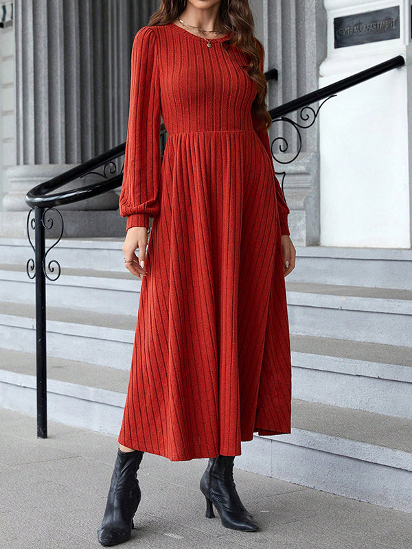 A-line Long Sleeves Color Split-joint Round-neck Midi Dresses