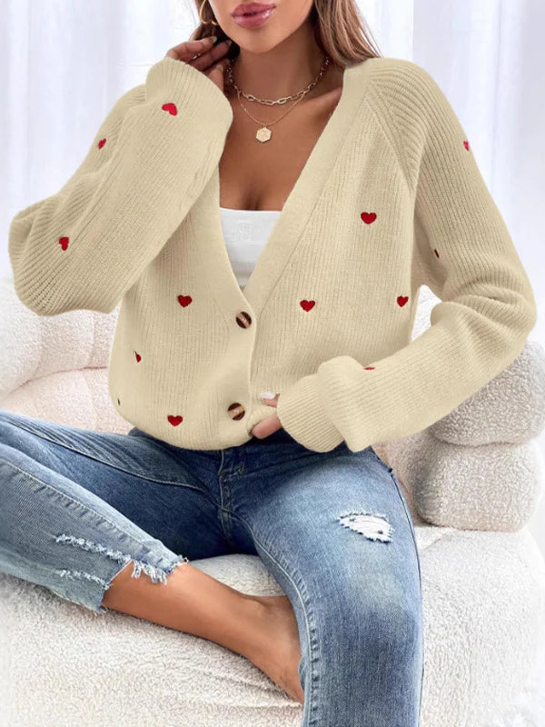 Heart Embroidery V-neck Knit Cardigan