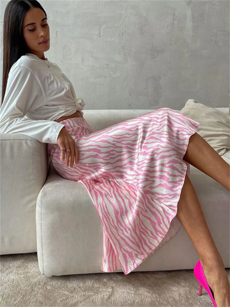 For Y2k Skirt Printed Striped Contrast Midi Skirt Female Summer Slim Long Skirt