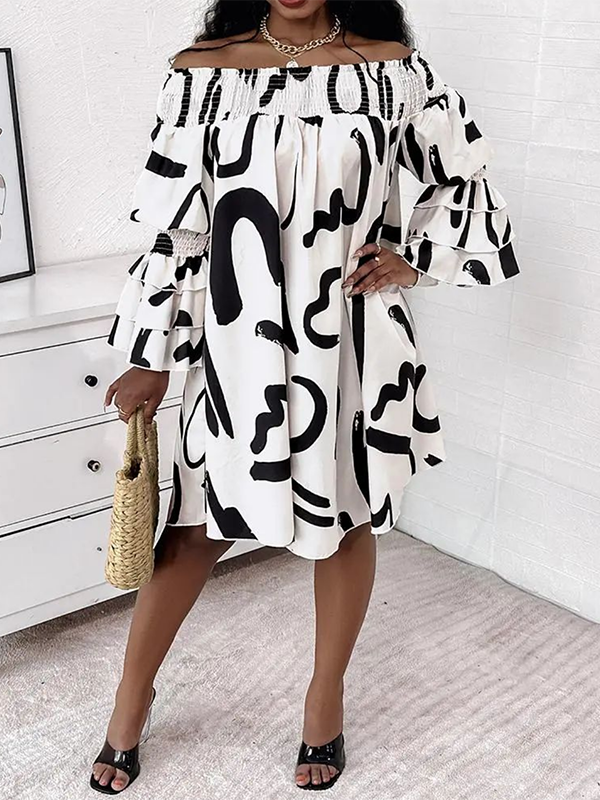 Flared Sleeves Long Sleeves Elasticity Falbala Printed Off-the-shoulder Midi Dresses