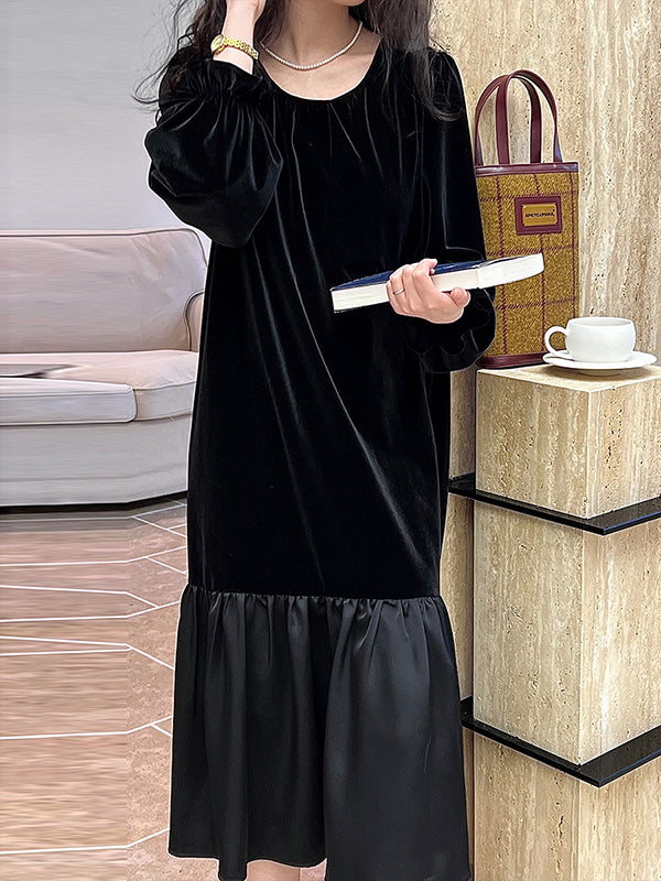 Flared Sleeves Long Sleeves Contrast Color Pleated Ruffled Split-joint Velvet Round-neck Midi Dresses