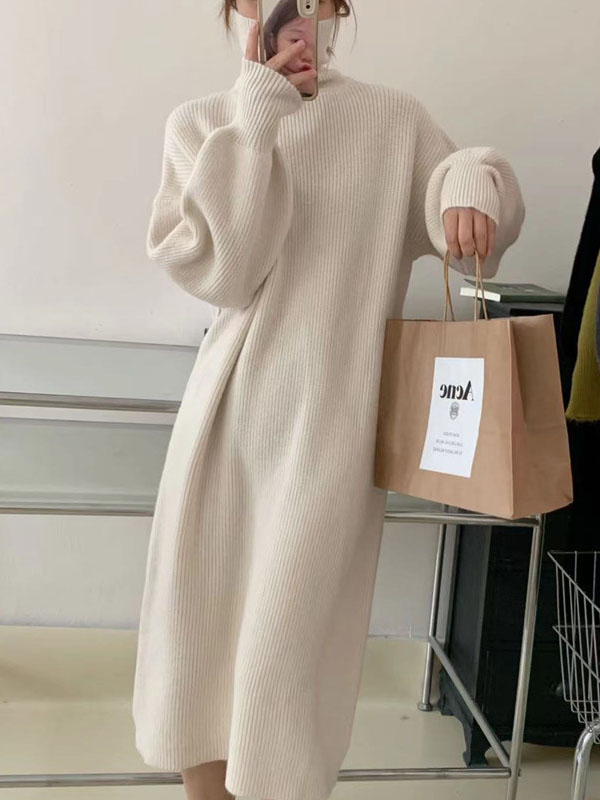 Long Sleeves Loose Color High Neck Midi Dresses Sweater Dresses