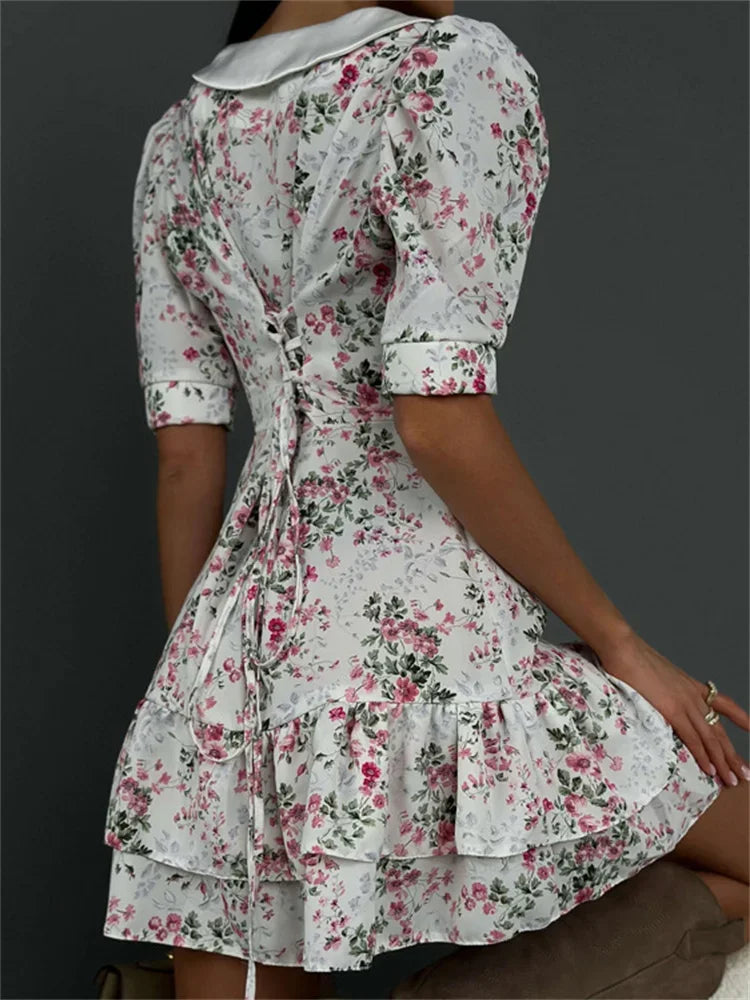 Printed Ruffled V-neck Mini Dress Female Short Sleeve Slim High Waist Party Dress ’s Summer Dress New