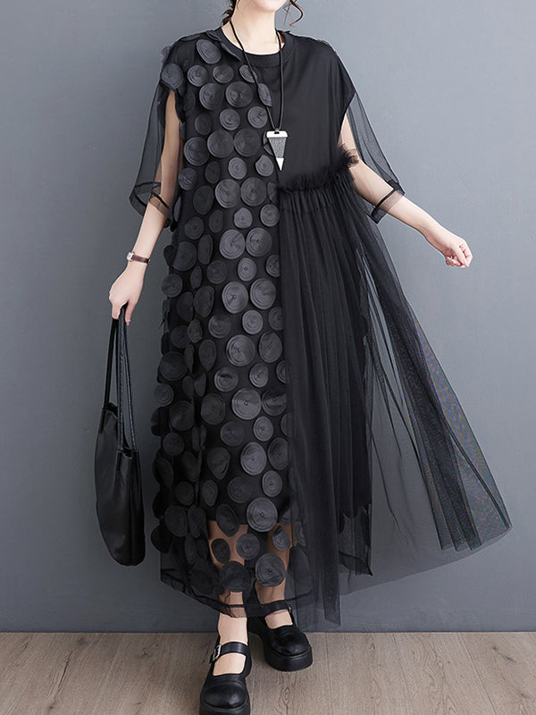Loose Short Sleeves Asymmetric Gauze Split-joint Round-neck Midi Dresses